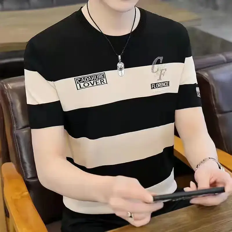 Men Striped T-Shirt Green White Korean Style - Image 2