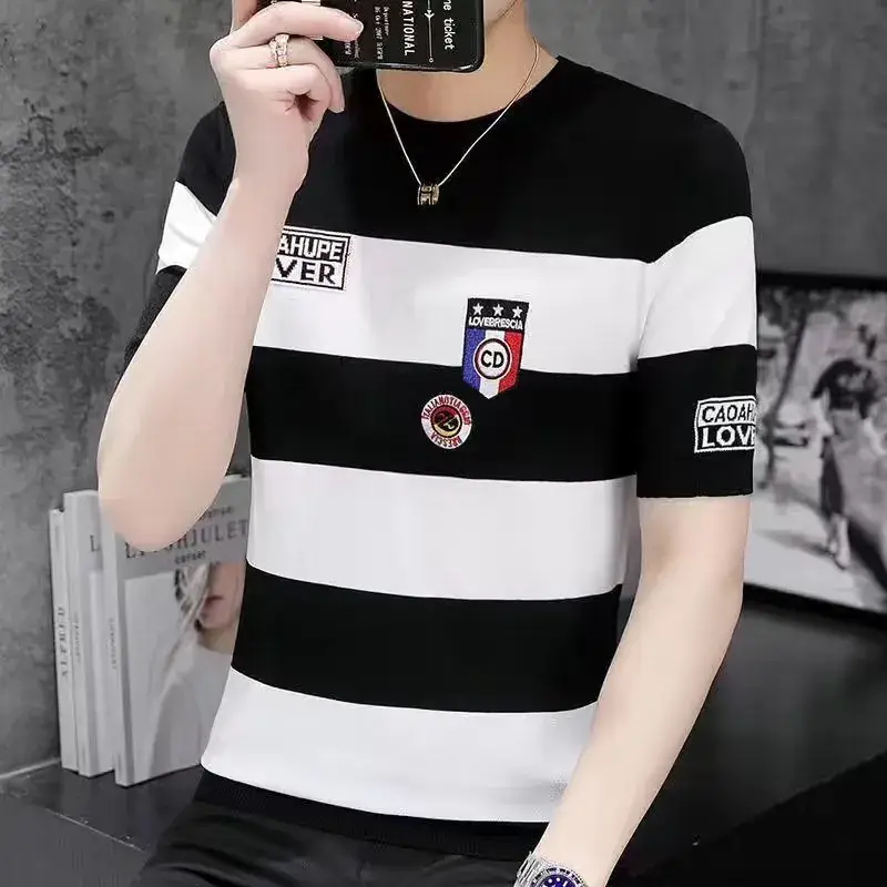 Men Striped T-Shirt Green White Korean Style - Image 5