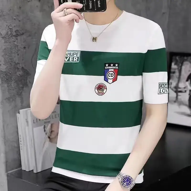 Men Striped T-Shirt Green White Korean Style - Image 6