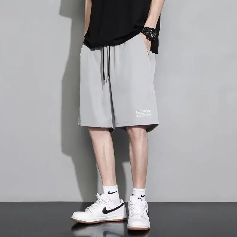 Men Black Ice Silk Basketball Shorts Summer Loose Casual