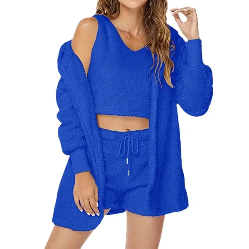 Cross-border Casual 3Pc Long Sleeve Plush Jacket Vest Shorts Set - Image 21