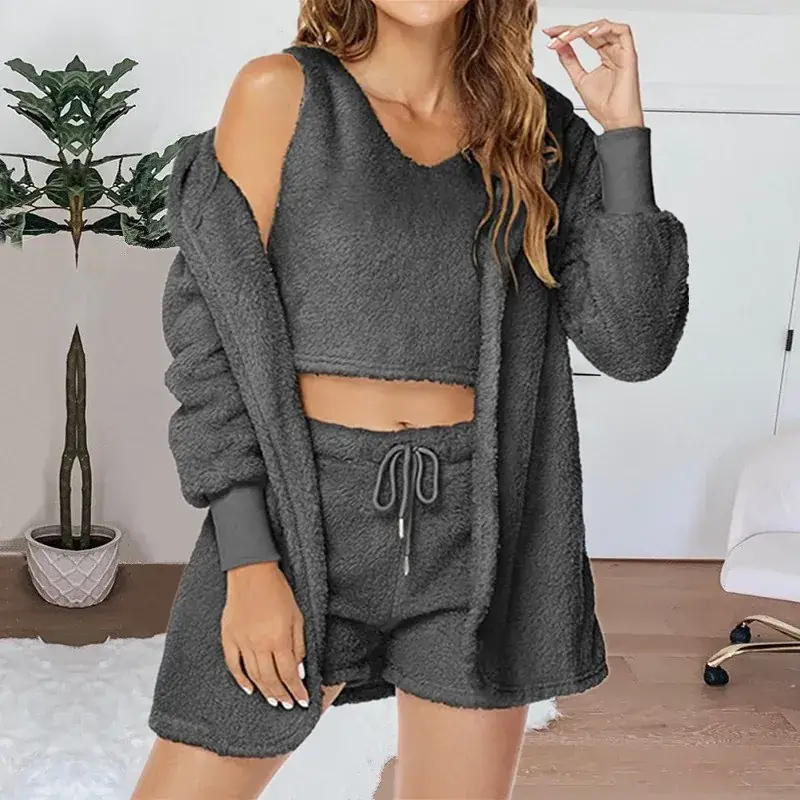 Cross-border Casual 3Pc Long Sleeve Plush Jacket Vest Shorts Set - Image 10
