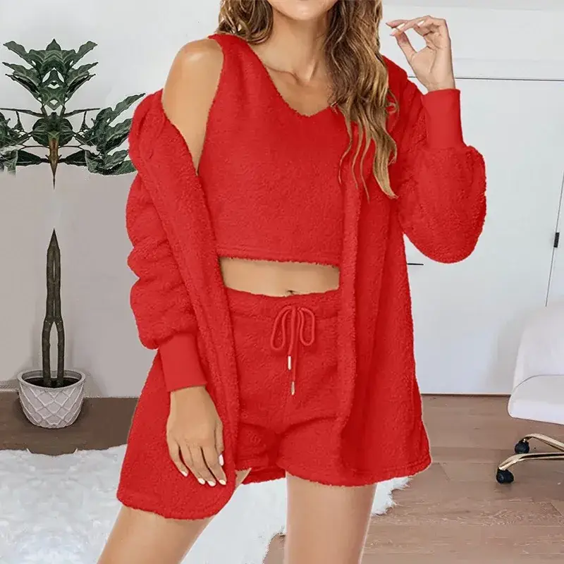 Cross-border Casual 3Pc Long Sleeve Plush Jacket Vest Shorts Set - Image 11