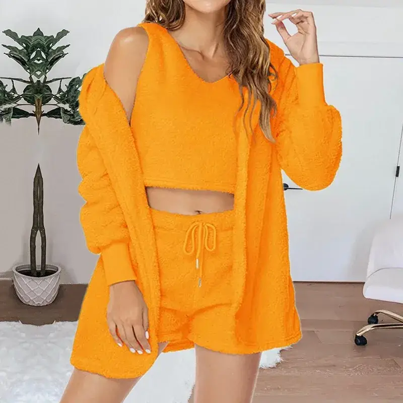 Cross-border Casual 3Pc Long Sleeve Plush Jacket Vest Shorts Set - Image 12