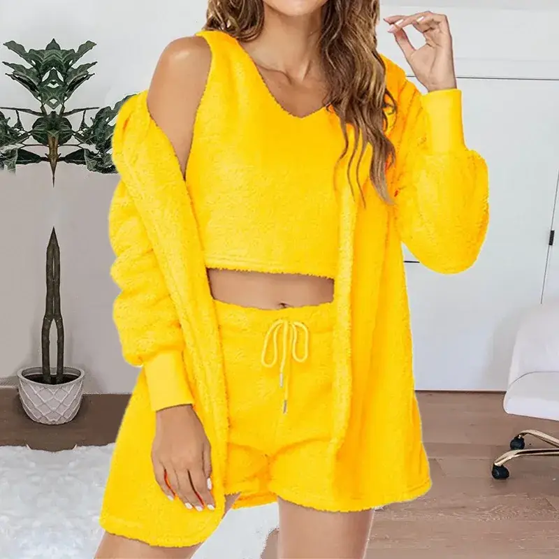Cross-border Casual 3Pc Long Sleeve Plush Jacket Vest Shorts Set - Image 15