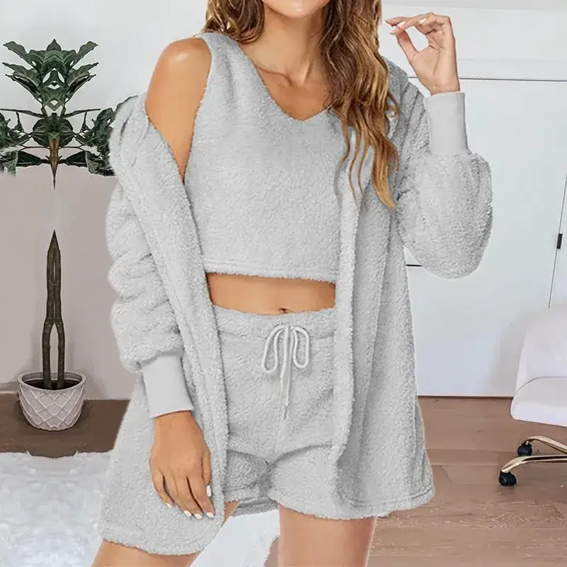 Cross-border Casual 3Pc Long Sleeve Plush Jacket Vest Shorts Set - Image 3