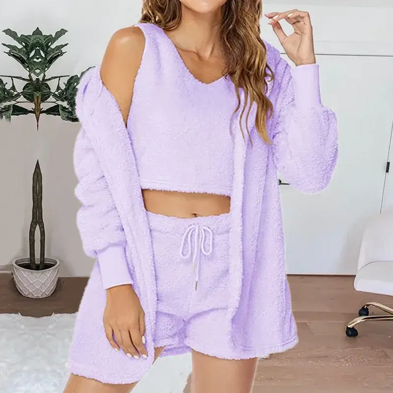 Cross-border Casual 3Pc Long Sleeve Plush Jacket Vest Shorts Set - Image 4