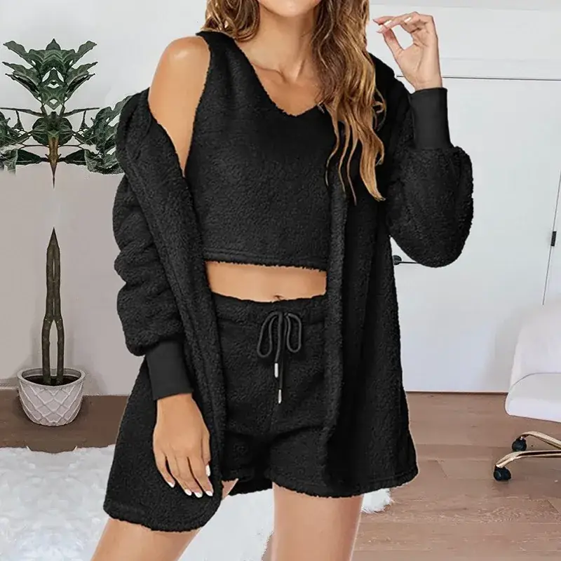 Cross-border Casual 3Pc Long Sleeve Plush Jacket Vest Shorts Set - Image 5