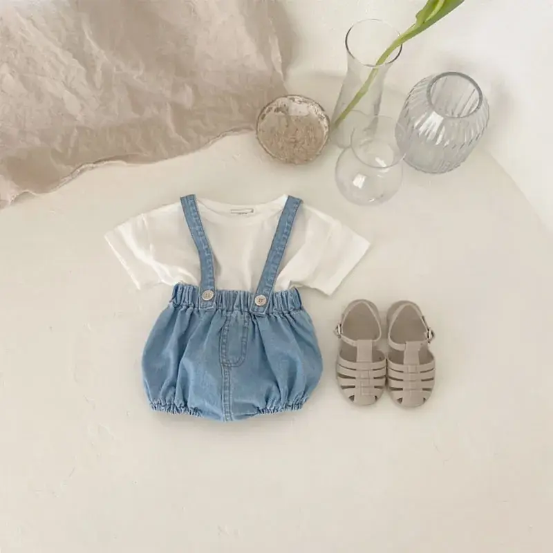 Baby Blue Denim Strap T-Shirt Suit with Slippers