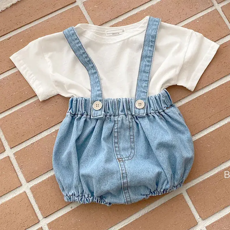 Baby Blue Denim Strap T-Shirt Suit with Slippers — feature 3