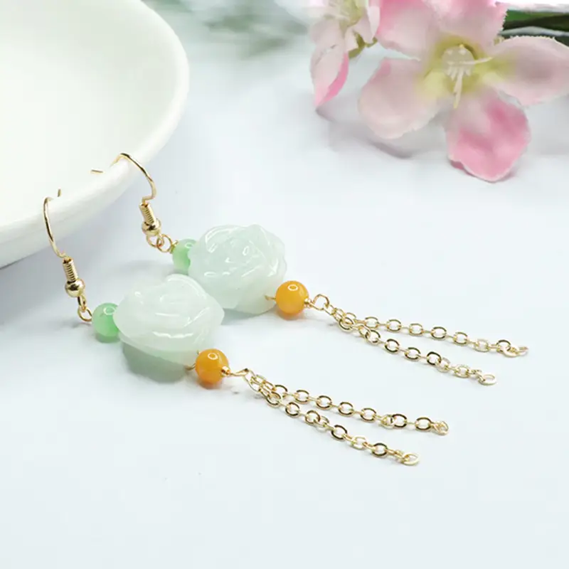 Jade Flower Tassel Earrings for Women Gold Plated - Image 3