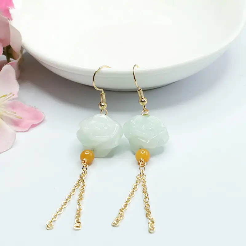 Jade Flower Tassel Earrings for Women Gold Plated