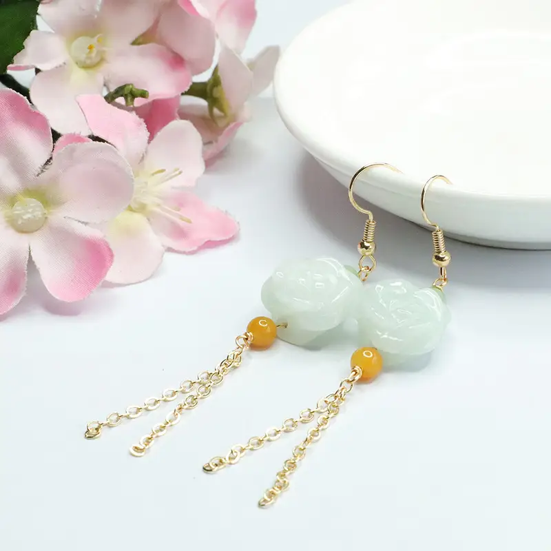 Jade Flower Tassel Earrings for Women Gold Plated