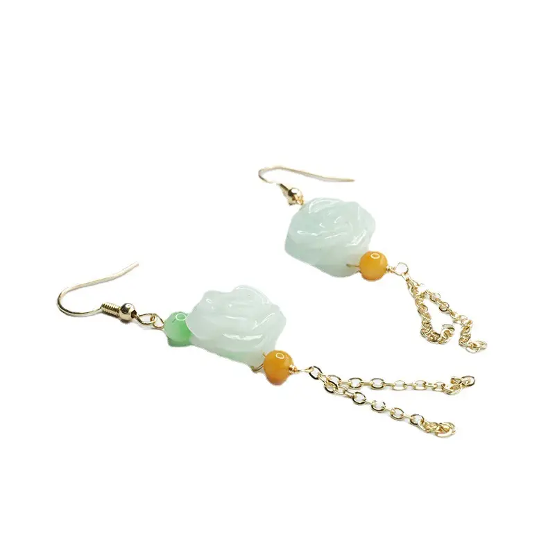 Jade Flower Tassel Earrings for Women Gold Plated - Image 6