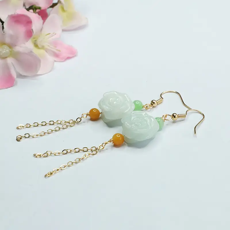 Jade Flower Tassel Earrings for Women Gold Plated — feature 11