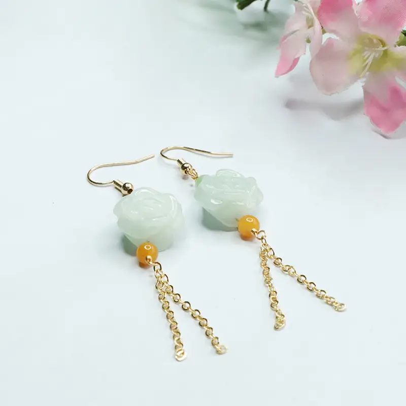 Jade Flower Tassel Earrings for Women Gold Plated — feature 8