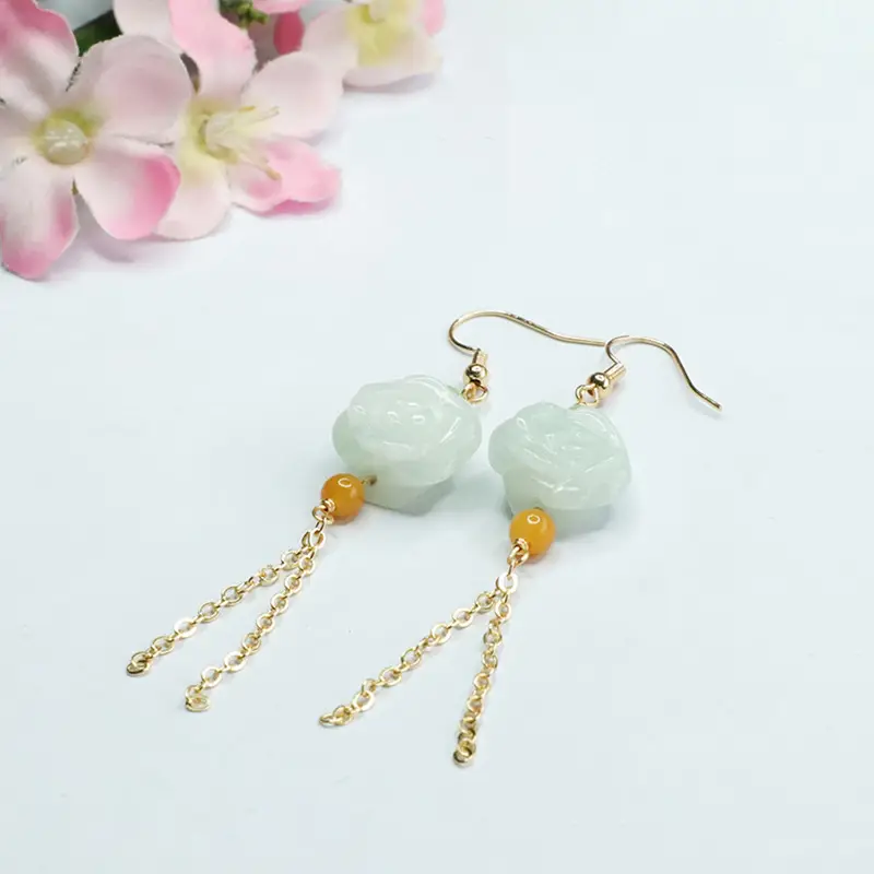 Jade Flower Tassel Earrings for Women Gold Plated — feature 9