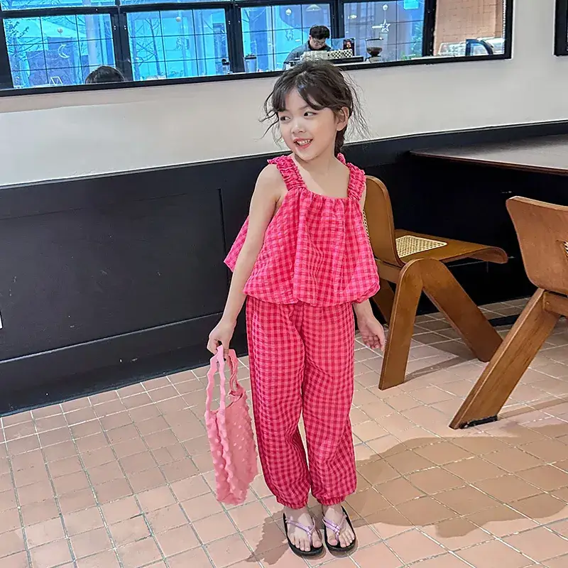 Pink Plaid Sleeveless Vest Suit for Parents & Kids - Image 5
