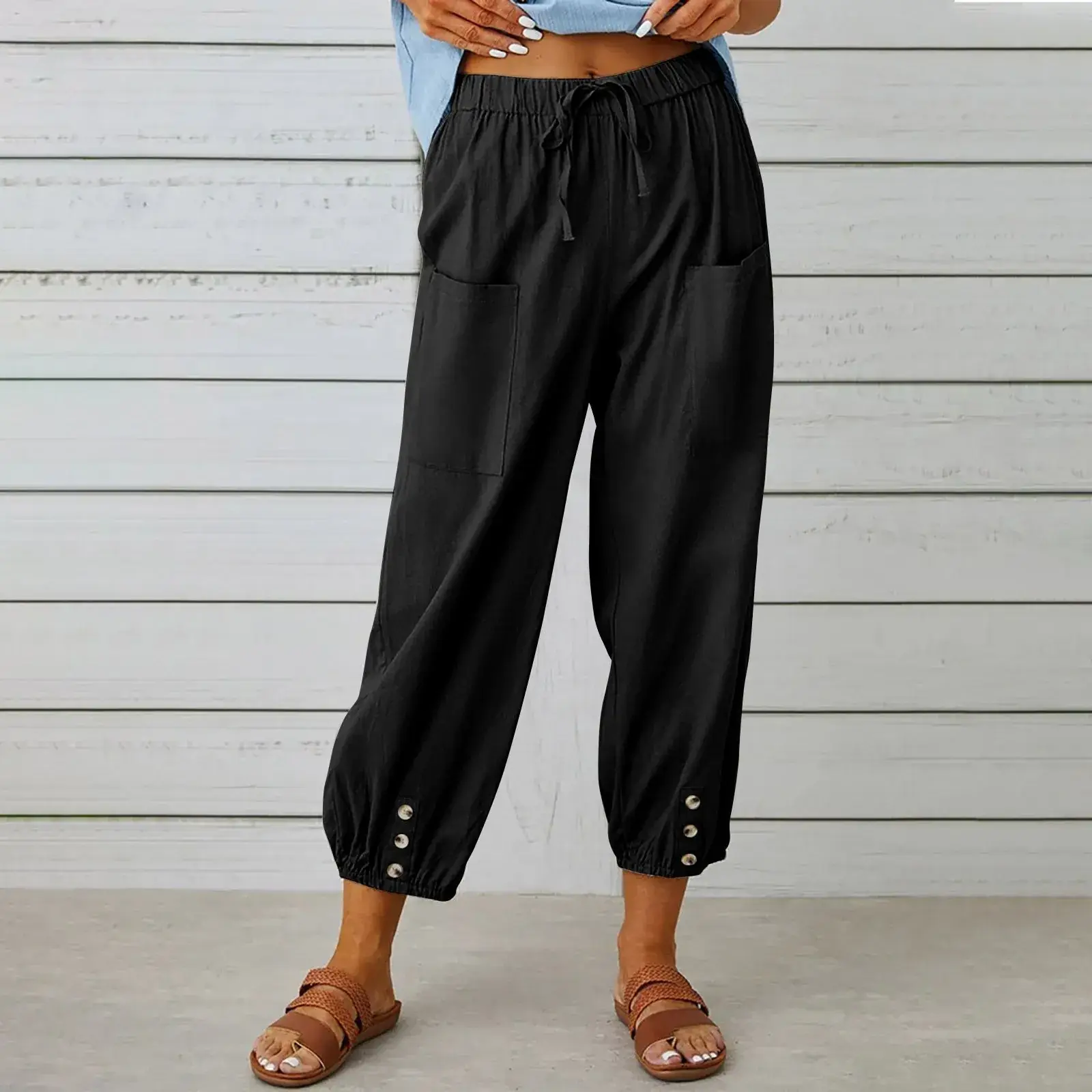 2025 Women Loose High-Waist Buttoned Cotton Linen Pants Nine Point - Image 10