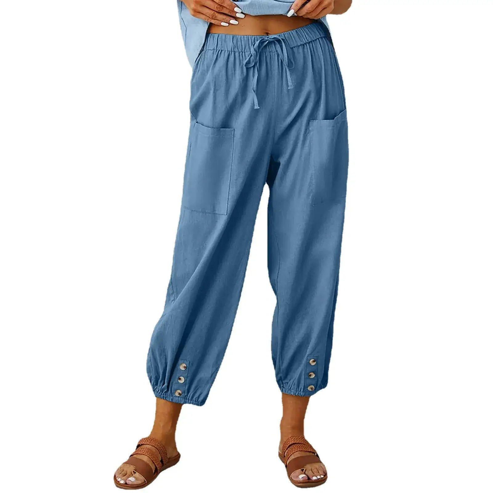 2025 Women Loose High-Waist Buttoned Cotton Linen Pants Nine Point - Image 13