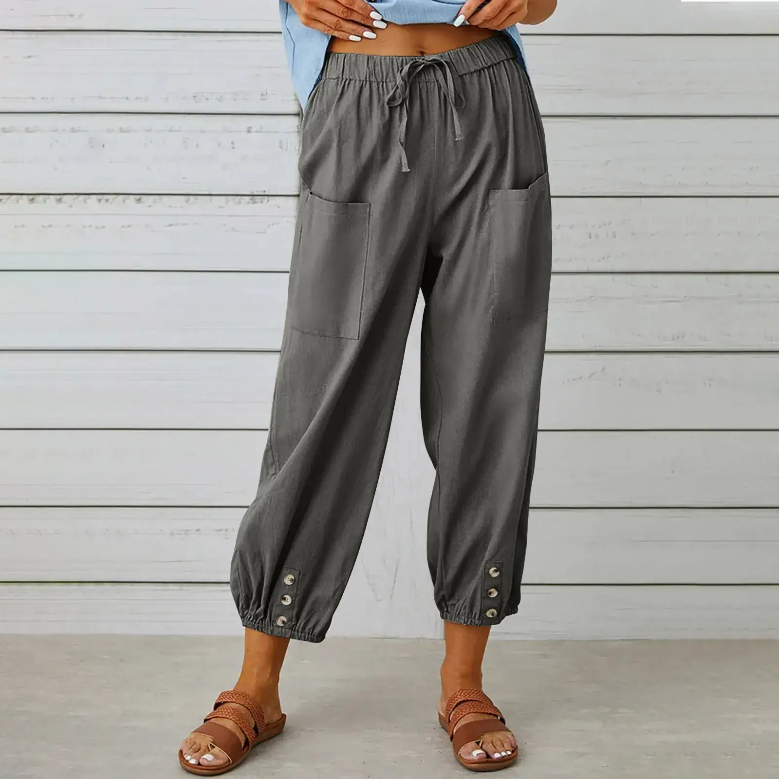 2025 Women Loose High-Waist Buttoned Cotton Linen Pants Nine Point - Image 3