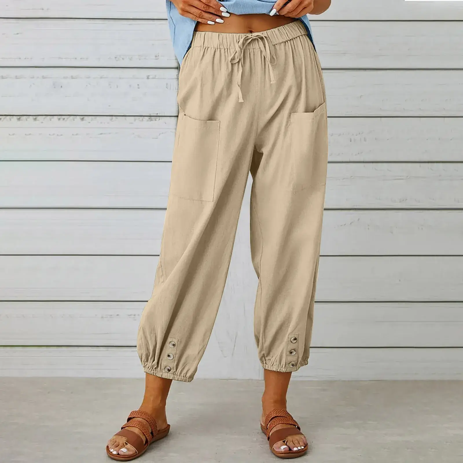 2025 Women Loose High-Waist Buttoned Cotton Linen Pants Nine Point - Image 5