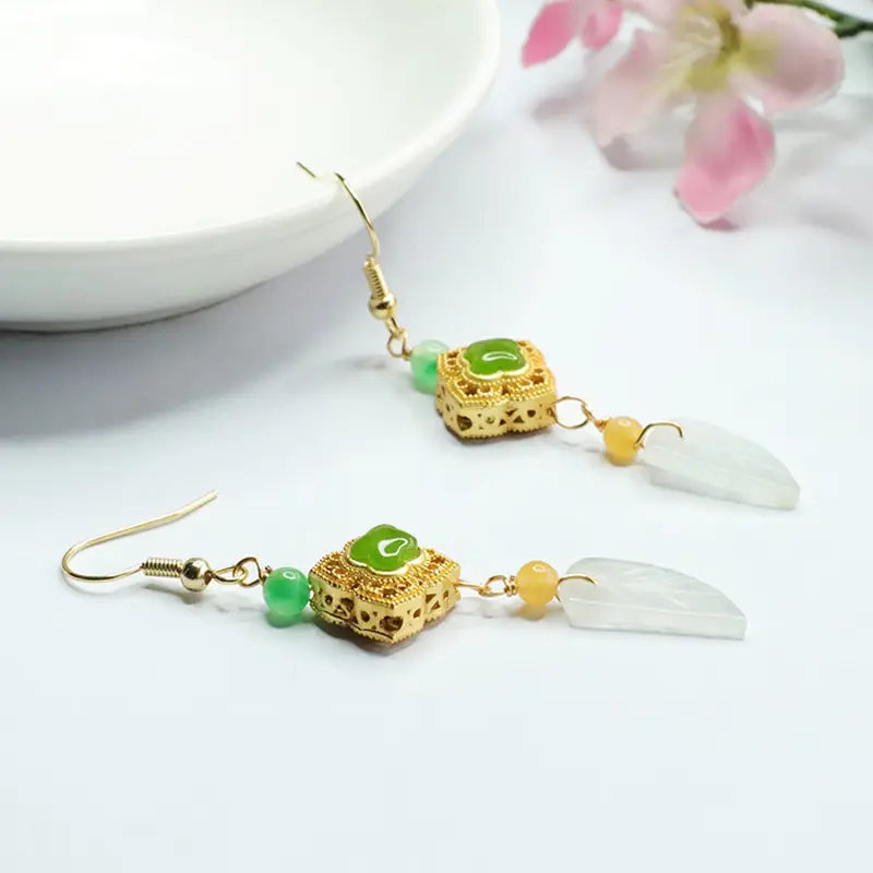 Guan Yu Jade Leaf Earrings Gold Plated Women - Image 3