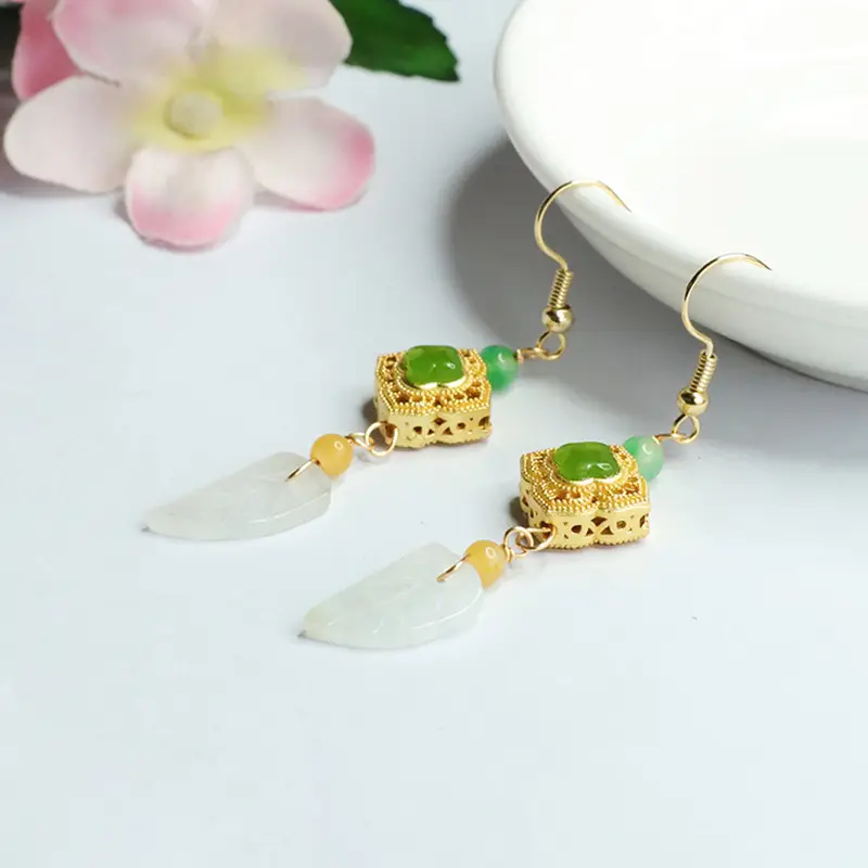 Guan Yu Jade Leaf Earrings Gold Plated Women - Image 4