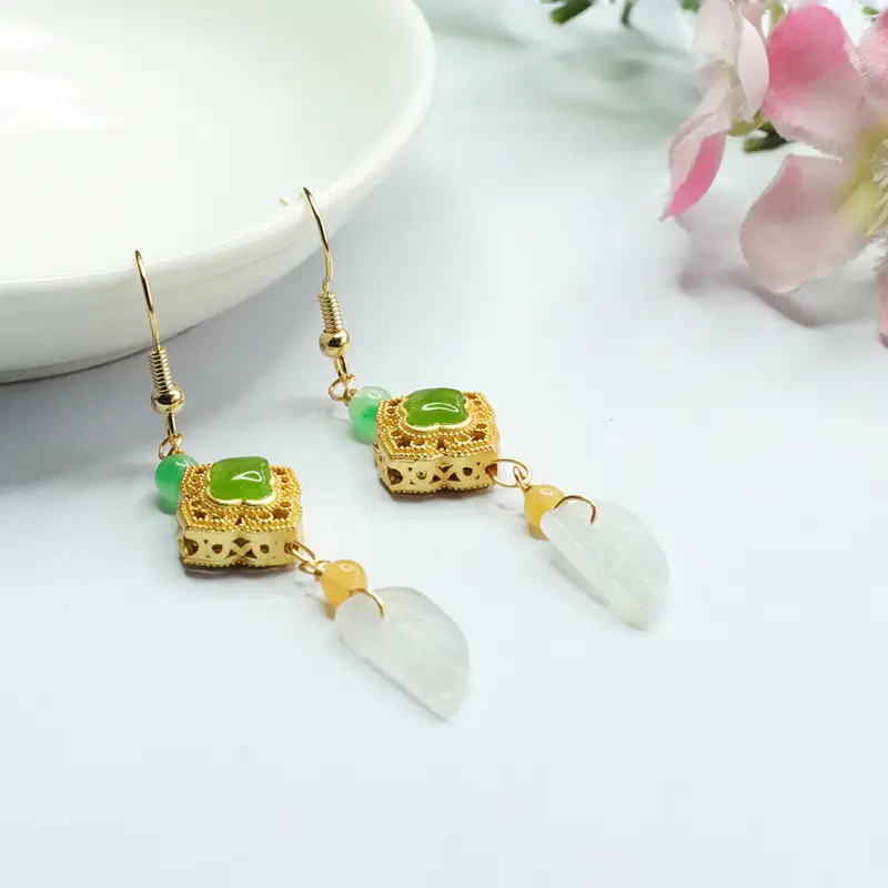 Guan Yu Jade Leaf Earrings Gold Plated Women - Image 5