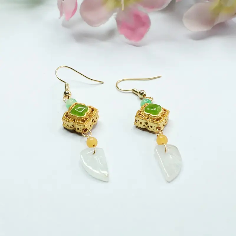 Guan Yu Jade Leaf Earrings Gold Plated Women - Image 6