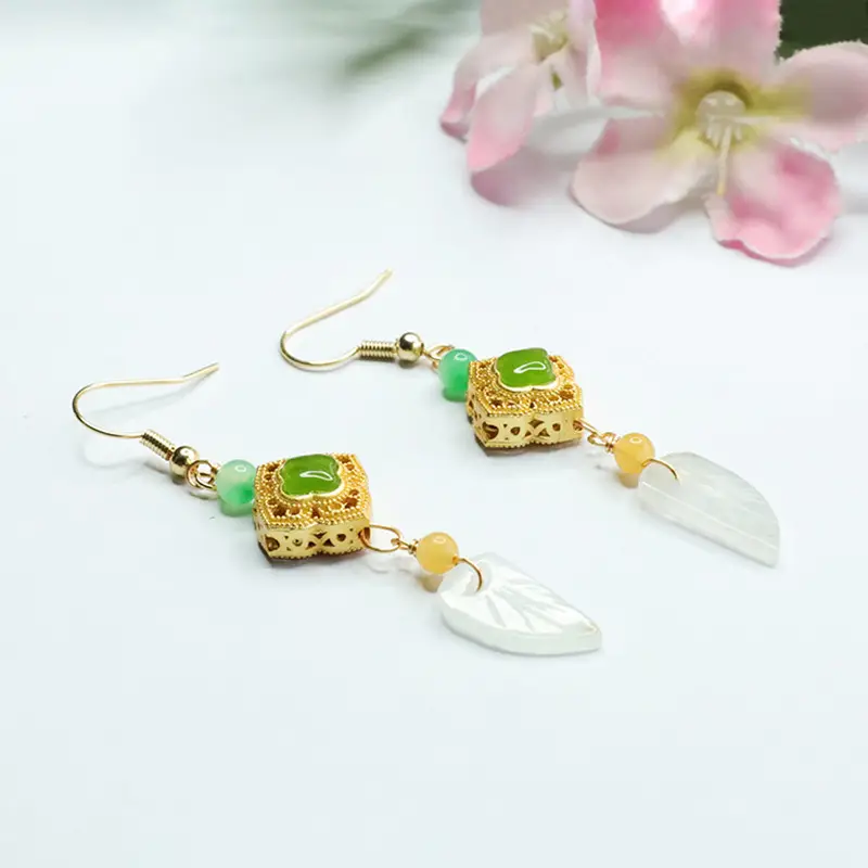 Guan Yu Jade Leaf Earrings Gold Plated Women — feature 10