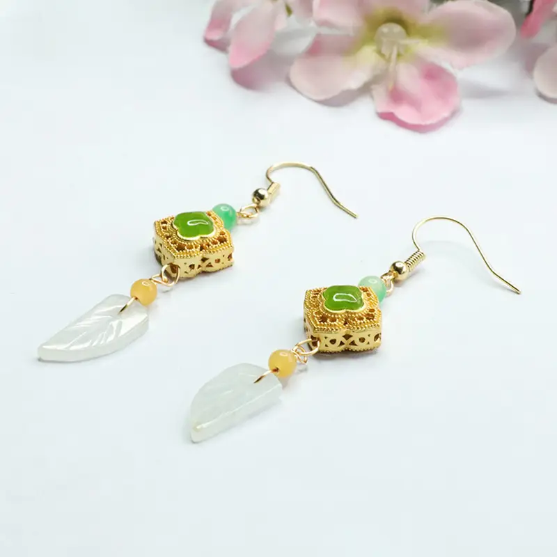 Guan Yu Jade Leaf Earrings Gold Plated Women — feature 12