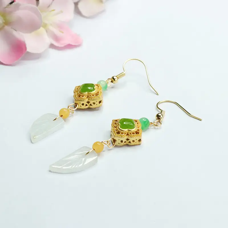 Guan Yu Jade Leaf Earrings Gold Plated Women — feature 9