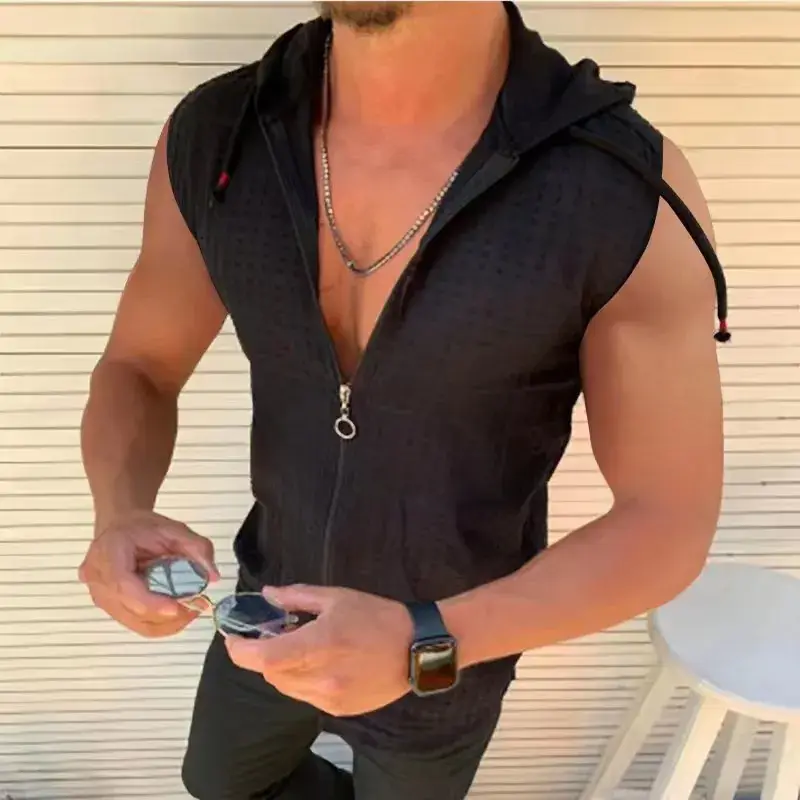 Men's White Plaid Sleeveless Hooded T-Shirt - Image 2