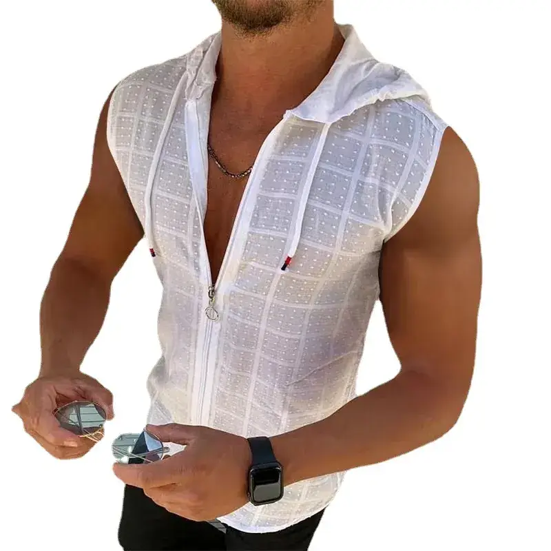 Men's White Plaid Sleeveless Hooded T-Shirt - Image 6