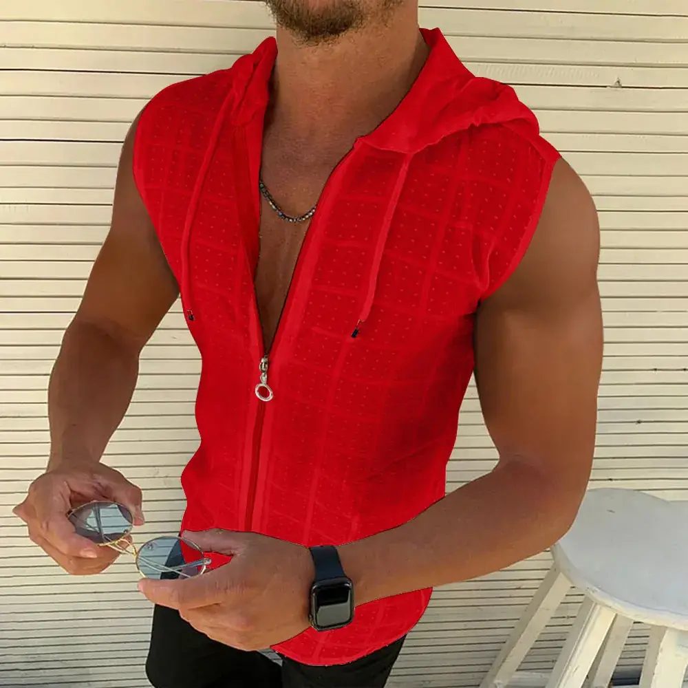 Men's White Plaid Sleeveless Hooded T-Shirt - Image 3
