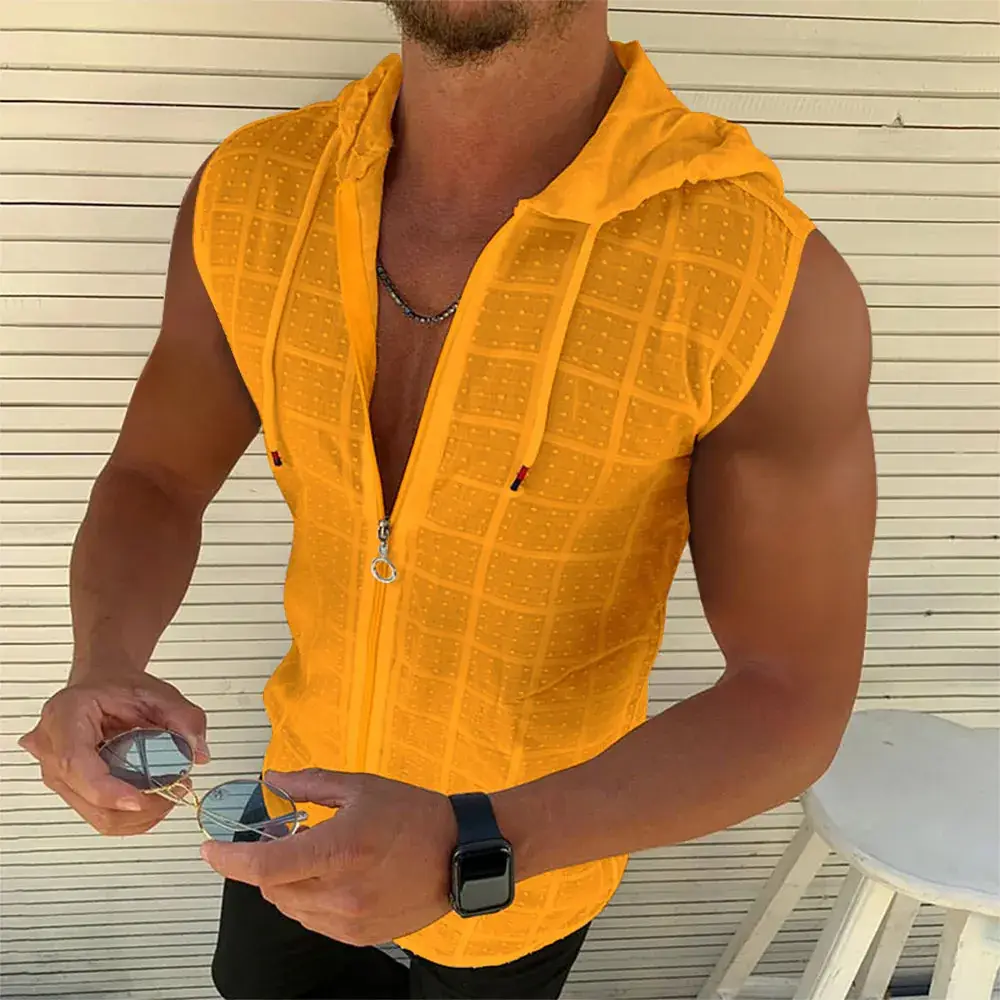 Men's White Plaid Sleeveless Hooded T-Shirt - Image 4