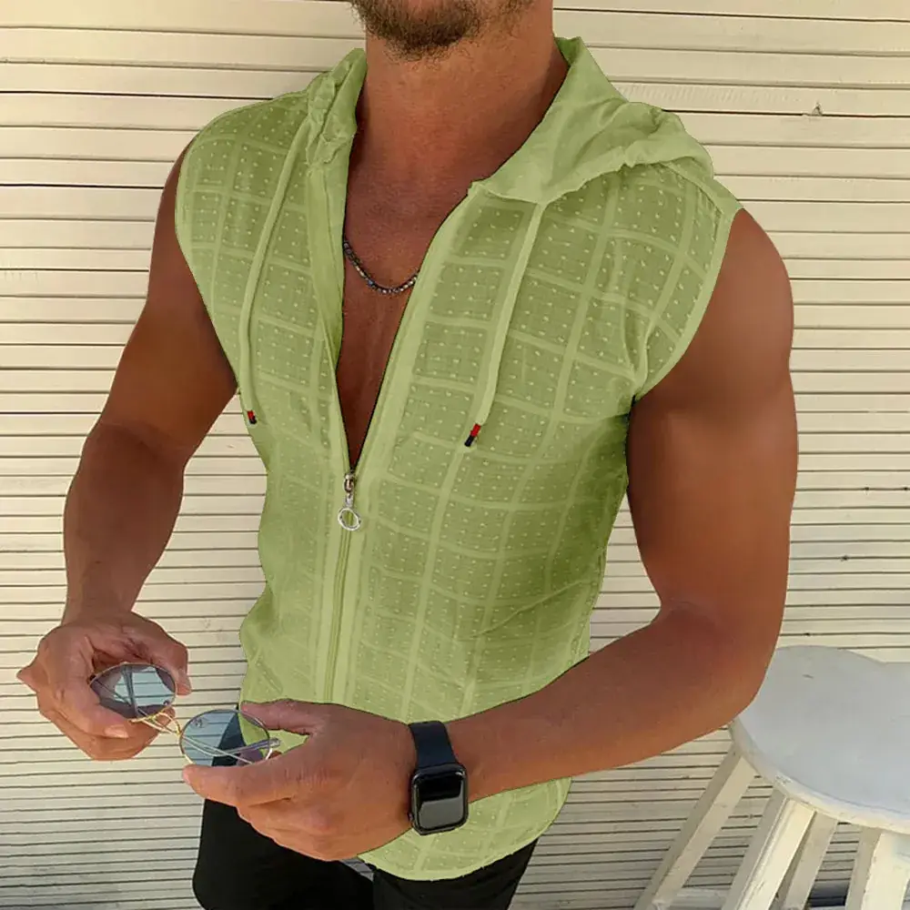 Men's White Plaid Sleeveless Hooded T-Shirt - Image 5