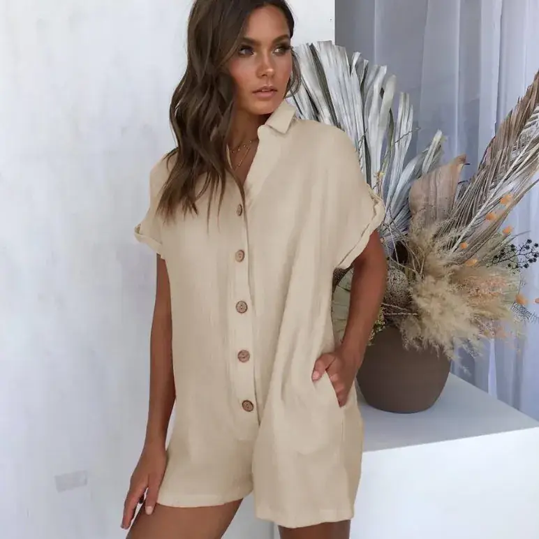 Beige Button Pocket Lapel Shirt Shorts Set - Image 3