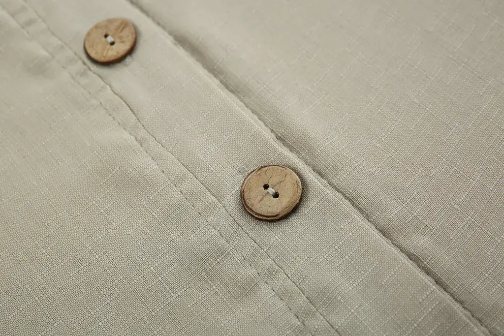 Beige Button Pocket Lapel Shirt Shorts Set — feature 16