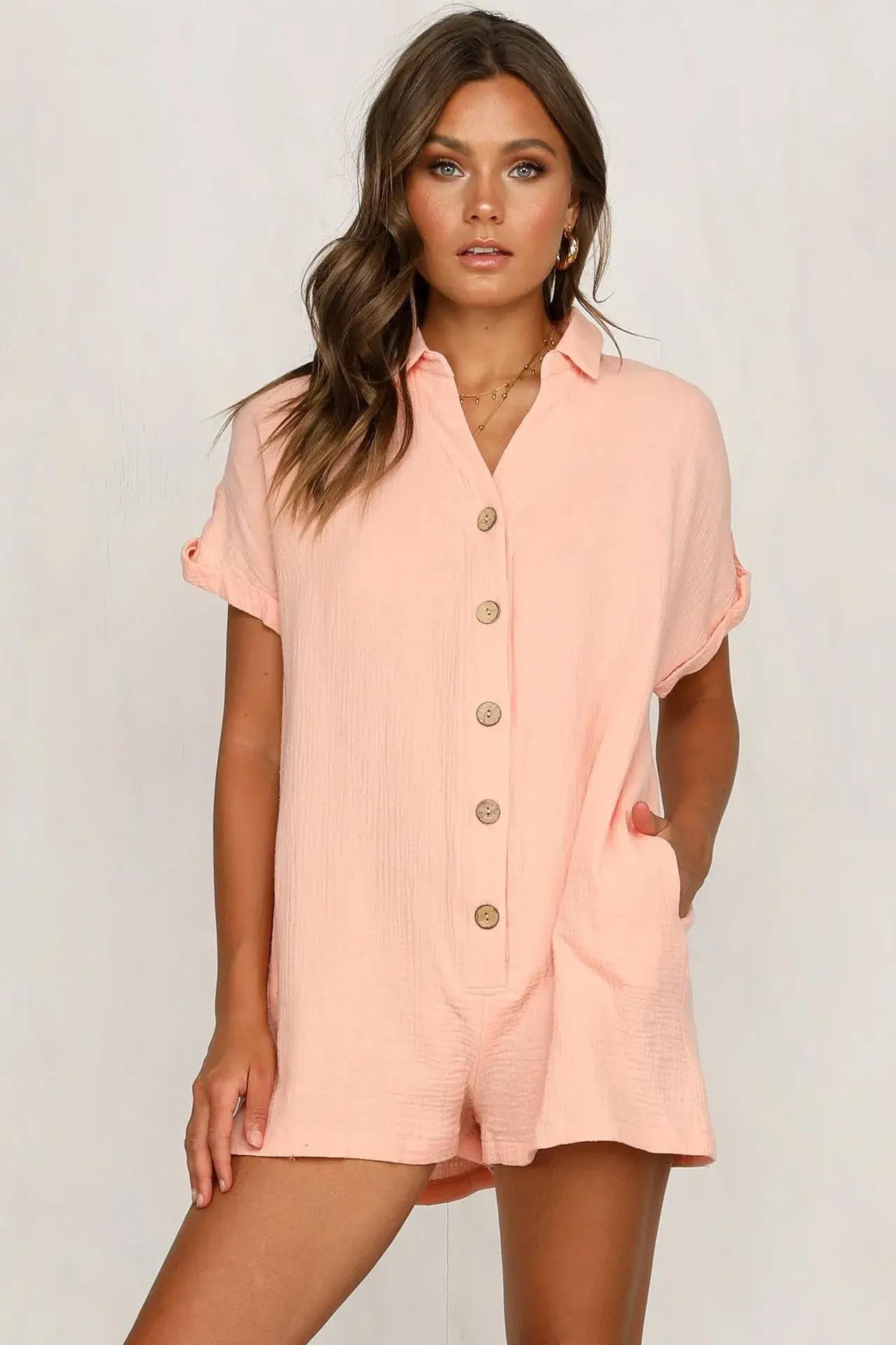 Beige Button Pocket Lapel Shirt Shorts Set — feature 27