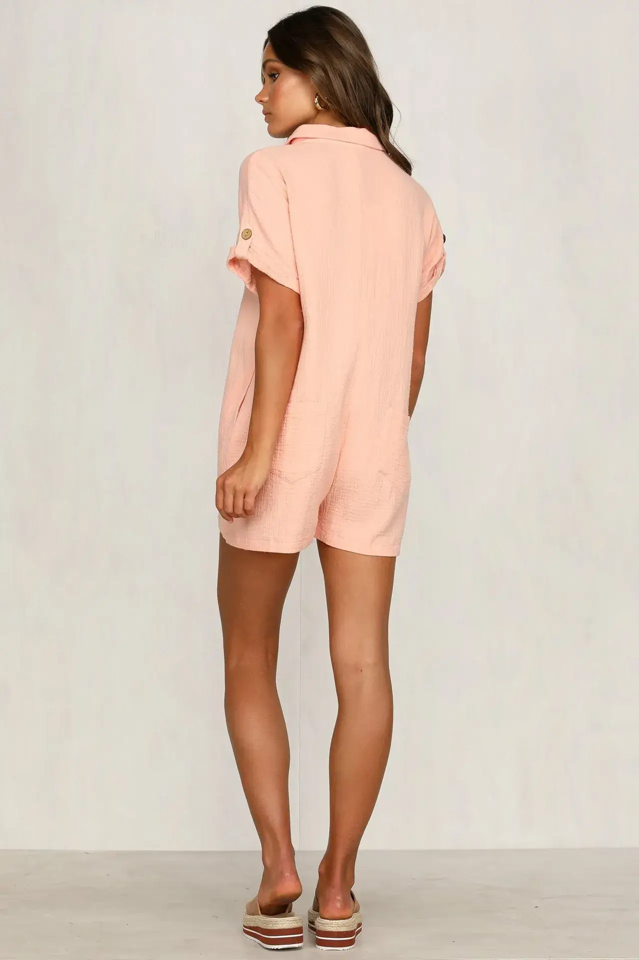 Beige Button Pocket Lapel Shirt Shorts Set — feature 31