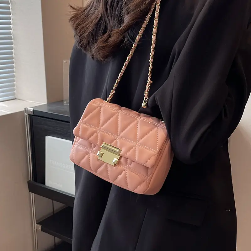 Pink Diamond Plaid Chain Shoulder Bag for Women