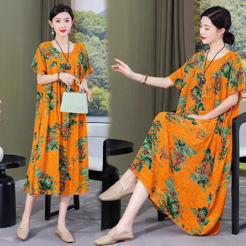 2023 Cotton Silk Floral Long Dress Large Size - Image 25