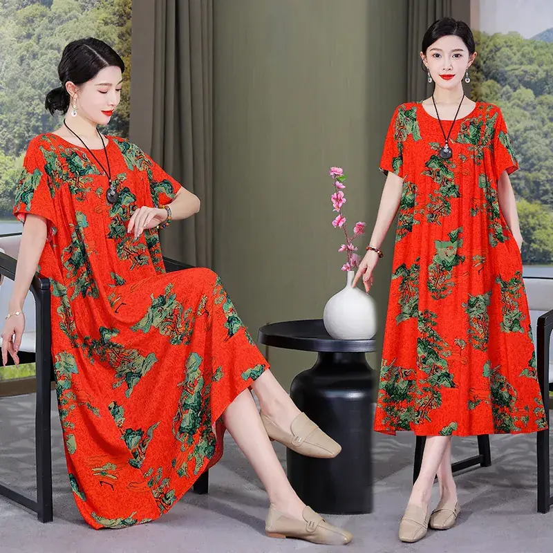 2023 Cotton Silk Floral Long Dress Large Size - Image 26
