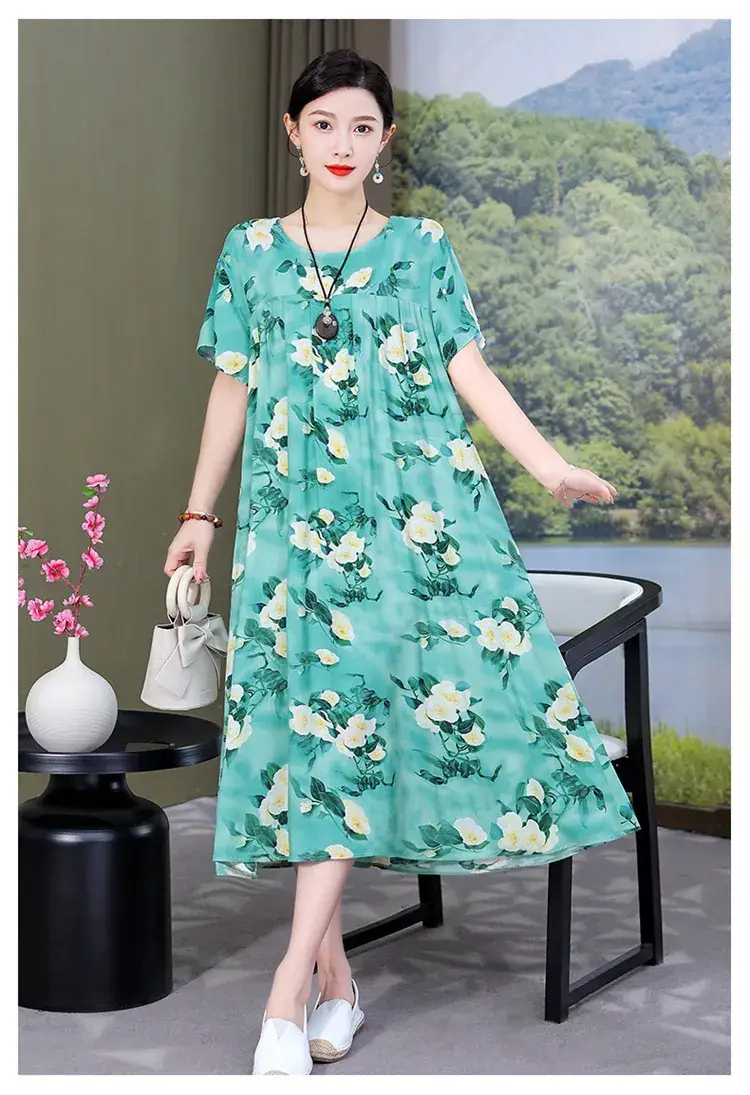 2023 Cotton Silk Floral Long Dress Large Size — feature 20