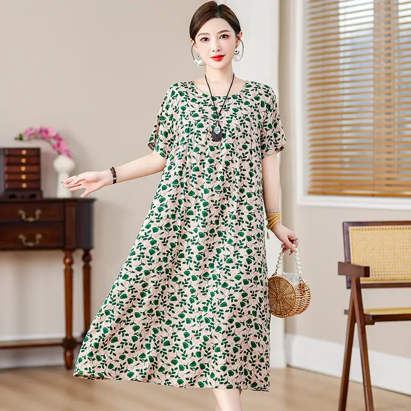 2023 Cotton Silk Floral Long Dress Large Size - Image 12
