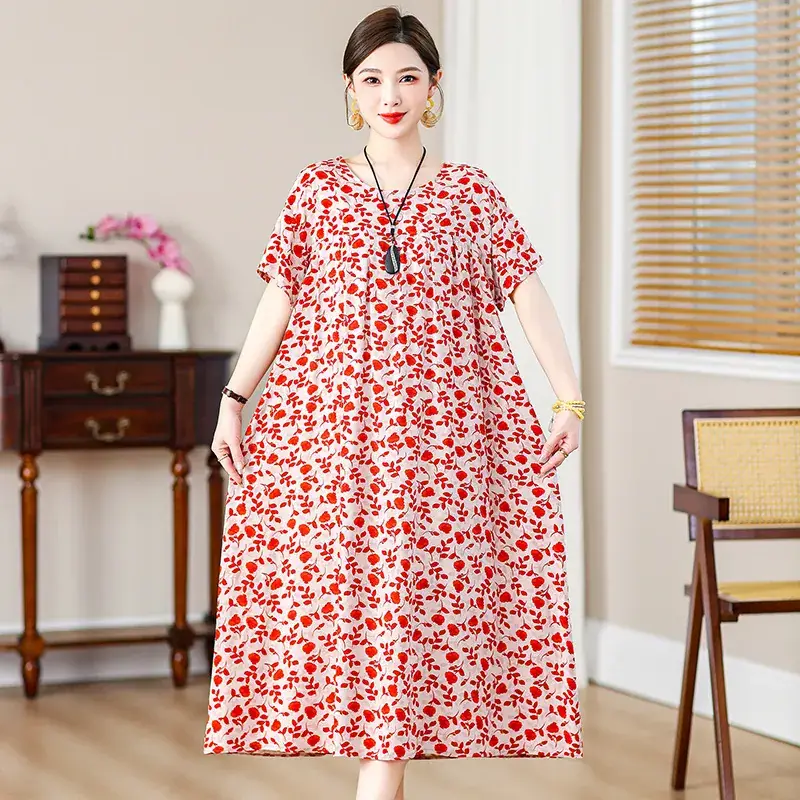 2023 Cotton Silk Floral Long Dress Large Size - Image 13
