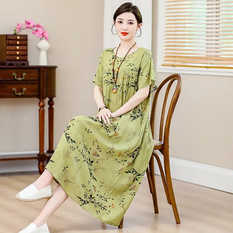 2023 Cotton Silk Floral Long Dress Large Size - Image 16