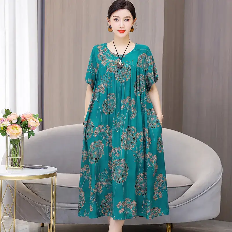 2023 Cotton Silk Floral Long Dress Large Size - Image 2